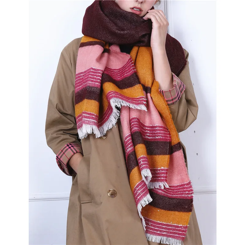 Яркий клетчатый шарф для Aw2019. Женский утолщенный Яркий шелковый полосатый цветной кашемировый теплый шарф-шаль