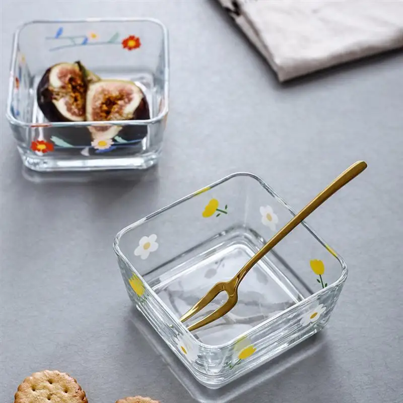 4pcs Glass Bowls Multifunction Salad Bowl Square Fruit Vegetable Bowl Home Kitchen Gadget Eco-Friendly Noodle Snack Dish Plate
