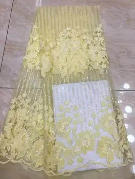 

2019 High Quality African Lace Fabric Yellow French Net Embroidery Sequins Tulle Lace Fabric For Nigerian party Dress