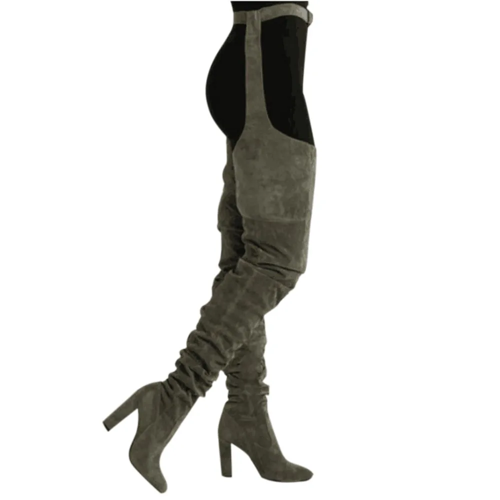 Женские высокие сапоги выше колена; сапоги до бедра с острым носком и ремешком; высокие сапоги на высоком каблуке; сапоги на очень высоком каблуке с острым носком и застежкой-молнией - Цвет: Серый
