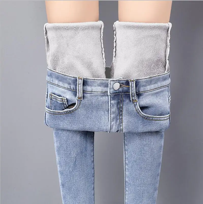9906 Light Blue Gray Зимние теплые женские джинсы, повседневные Бархатные женские брюки с высокой талией, женские джинсовые брюки для женщин, брюки размера плюс - Цвет: 9906 Light Blue Gray