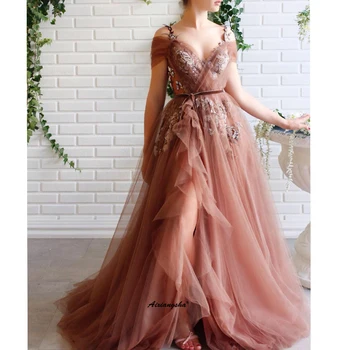 

High Split Prom Gown Spaghetti Strap Evening Dresses Tulle Deep V Illusion Robe De Soiree Party Dress Appliques Vestido De Festa