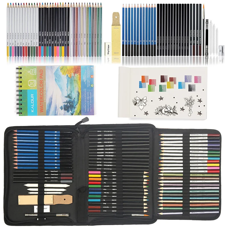 74-Piece Drawing Set - Beginner or Professional Tool Set Pencil Case with Watercolor Pencils Colored Graphite and Charcoal Pencils + Accessories