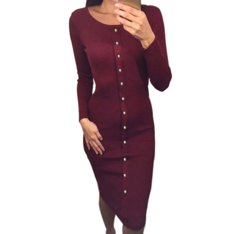 Cena Moda damska seksowna obcisła sukienka jesienno zimowa sukienka midi z dzianiny szata solidny pakiet do bioder sukienki rękawy szata na imprezę GV420