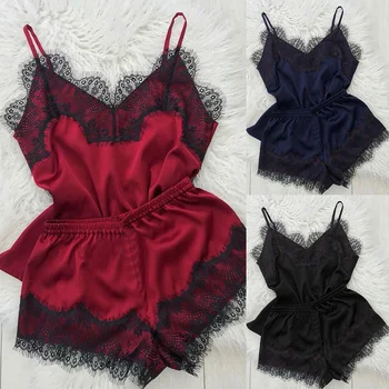 

Women Pajama Set Satin Nightwear Sexy Lace Sleepwear Lingerie Sleepwear Babydoll Sleepwear 2020 pijama de mujer pizama damska