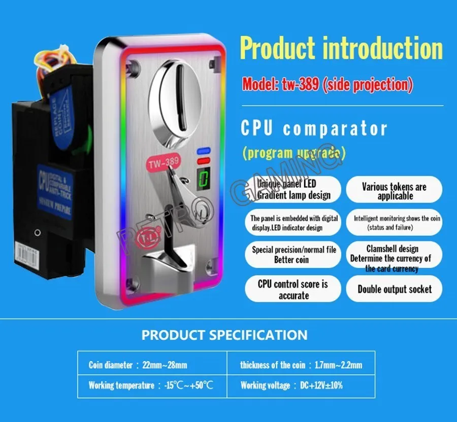 TW-389 LED 조명 전자 동전 수납기, CPU 메커니즘, 아케이드 게임 자판기 액세서리