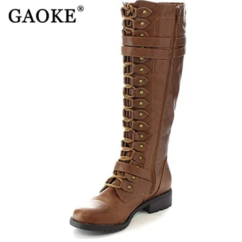 

GAOKE Fashion Women Lace Up Riding Boots Chunky Low Heel Knee High Boots Buckle Side Zipper Up Winter Shoes Plus Size 43