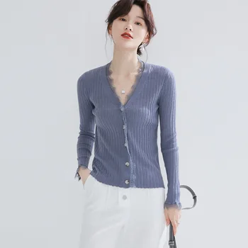 

V-Neck Sweater Women's Lace Lace Knitted Cardigan Long Sleeve V Neck Fashion Solid Color Slim Fit 2020