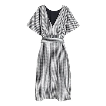 

Autumn 2019 Women's New V-neck Short Sleeve Sleeve Slim Thousand Bird Checker Long Dress