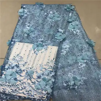

New Fashion French Style Turquoise Blue Nigeria Bridal Embroidered Tulle Beaded Fabric 3d African Laces X653-6