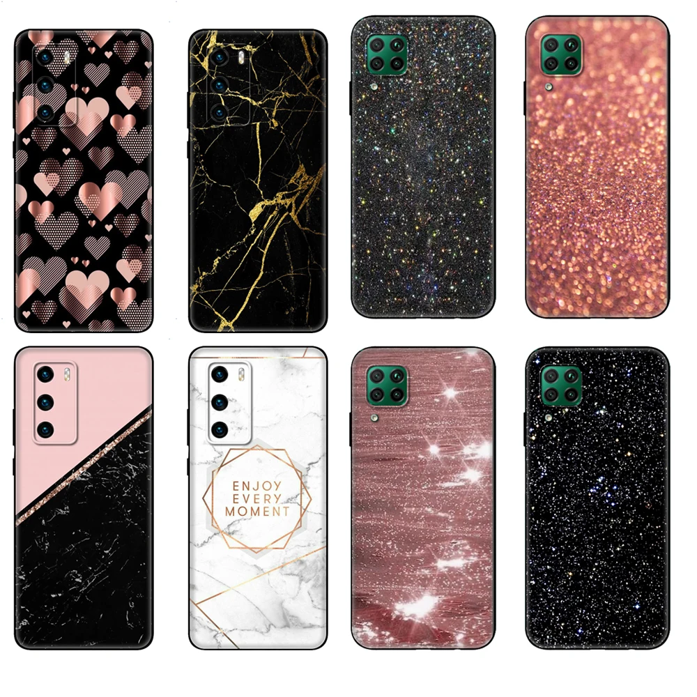 Black tpu Case For Huawei P30 Lite Pro P40 LITE E P Smart 2020 Cover Gold Rose Glitter Pink Love | Мобильные телефоны и