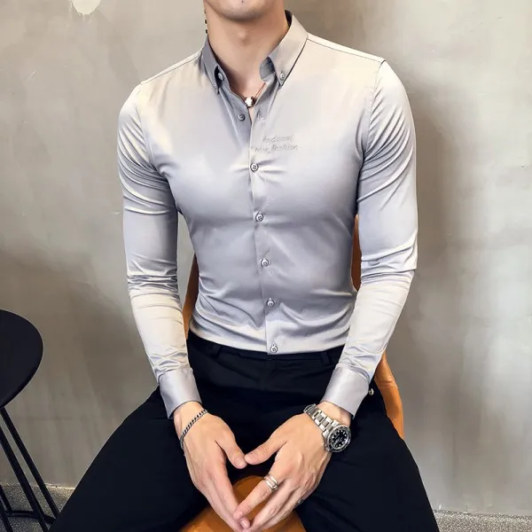 Лидер продаж, однотонная официальная одежда, рубашка для мужчин, осенняя Новая мужская рубашка с длинными рукавами, приталенная Повседневная рубашка, Мужская одежда, 3XL-M - Цвет: Серый