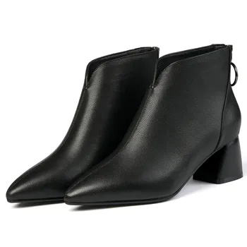 

Women's genuine leather thick high heel autumn ankle boots back zip pointed toe elegant ladies short booties thick comfort shoes