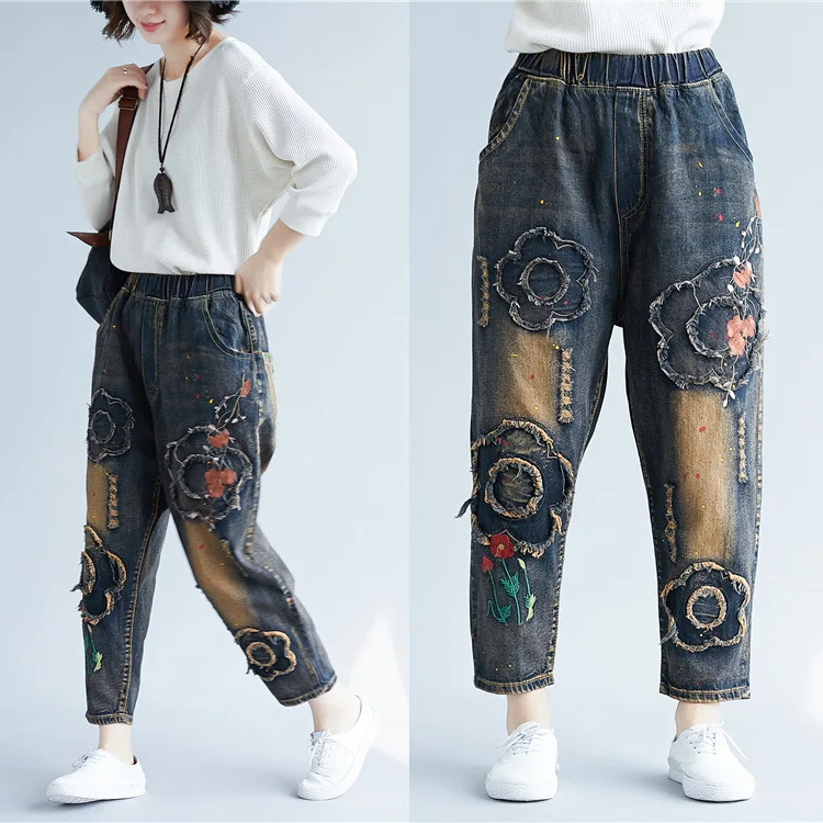 

New Plus size Jeans Womens Wash Embroidery Ripped denim Trousers Women's fashion zipper Elastic Waist Hole Cowboy Harem Pants
