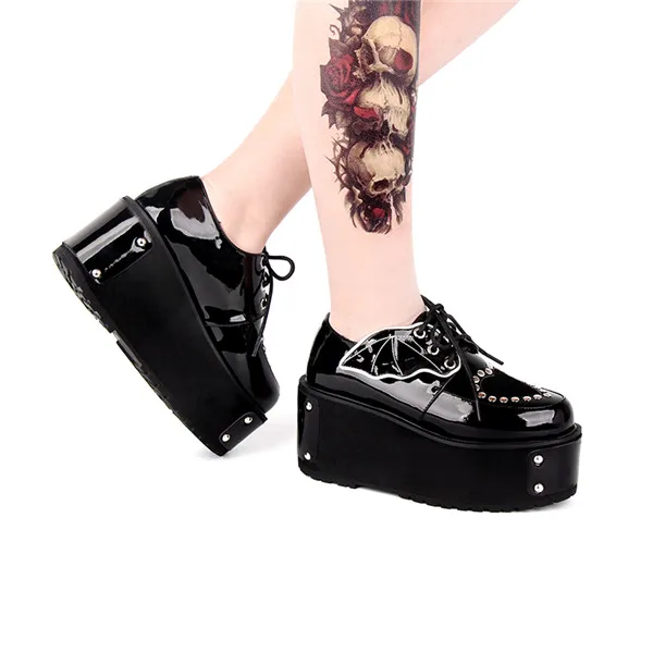 New goth black shoes rock demon wings rivets thick platform shoes for woman