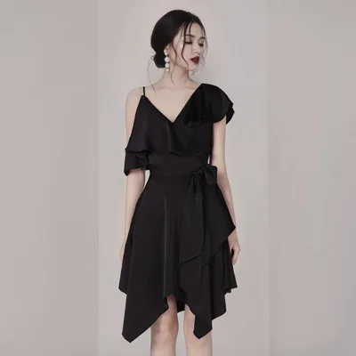 Summer new fashion Europe and America sexy women's V-neck off-the-shoulder waist irregular short-sleeved dress female