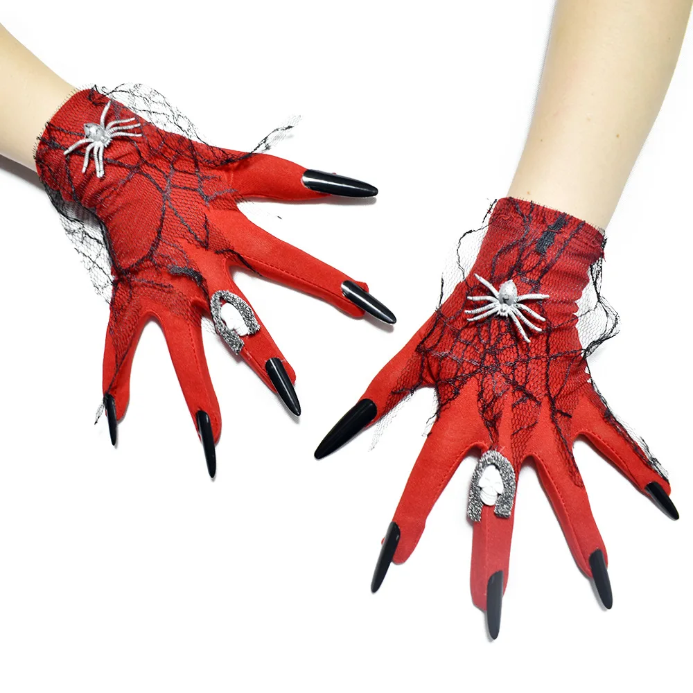 Red Gothic Women Halloween Glove 2021 Novelty Lady Spider Skull Accessory Lace Wrist Length Cool Hipster Satin Gloves Scare Prop
