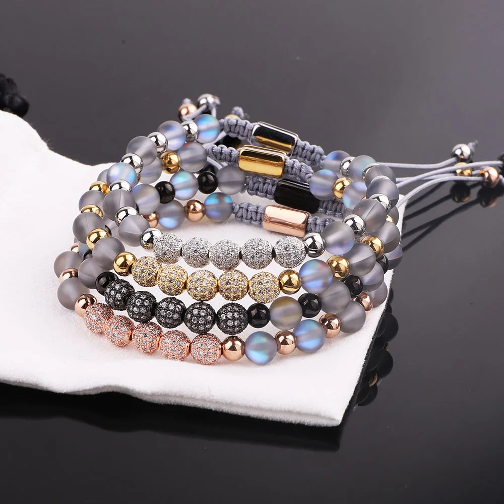 JARAVVI New Design Luxury CZ Pave Ball AB Grey Color Flash Glass Moonstone Stainless Steel Beads Macrame Bracelet Women