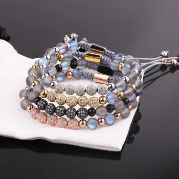 JARAVVI New Design Luxury CZ Pave Ball AB Grey Color Flash Glass Moonstone Stainless Steel Beads Macrame Bracelet Women
