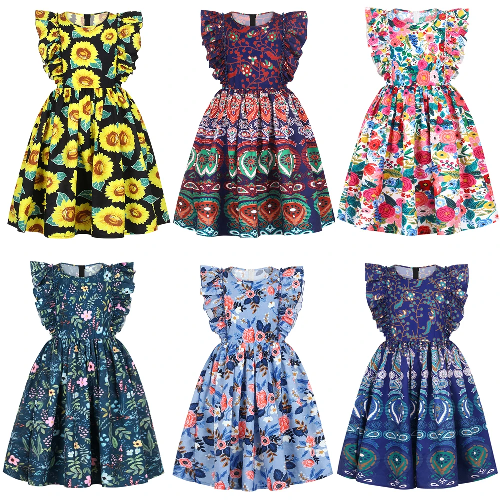 Spring Summer Girl Dress Flutter Sleeve Floral Girls Party Dresses Princess Teenage Casual Daily Kids For | Детская одежда и обувь