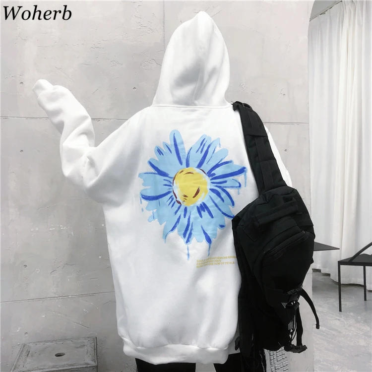 Woherb, Осень-зима, новинка, длинный рукав, с капюшоном, толстовки, для женщин, с буквенным принтом, с цветочным принтом, свободная толстовка, женская, корейская мода 91366