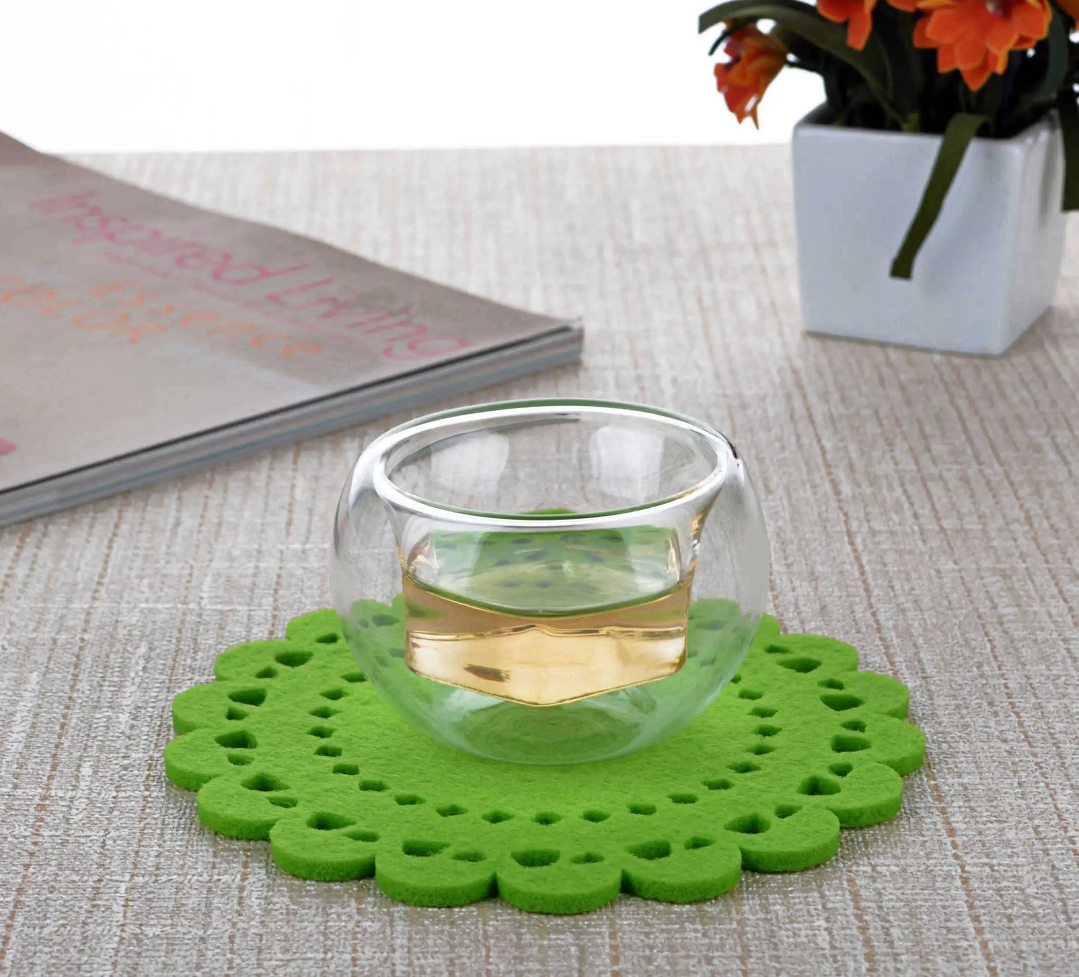 1x Heat Resistant Clear Glass Tea Set -375ml Square Shaped Glass Teapot +4x Hexagon Double Wall Cups 40ml
