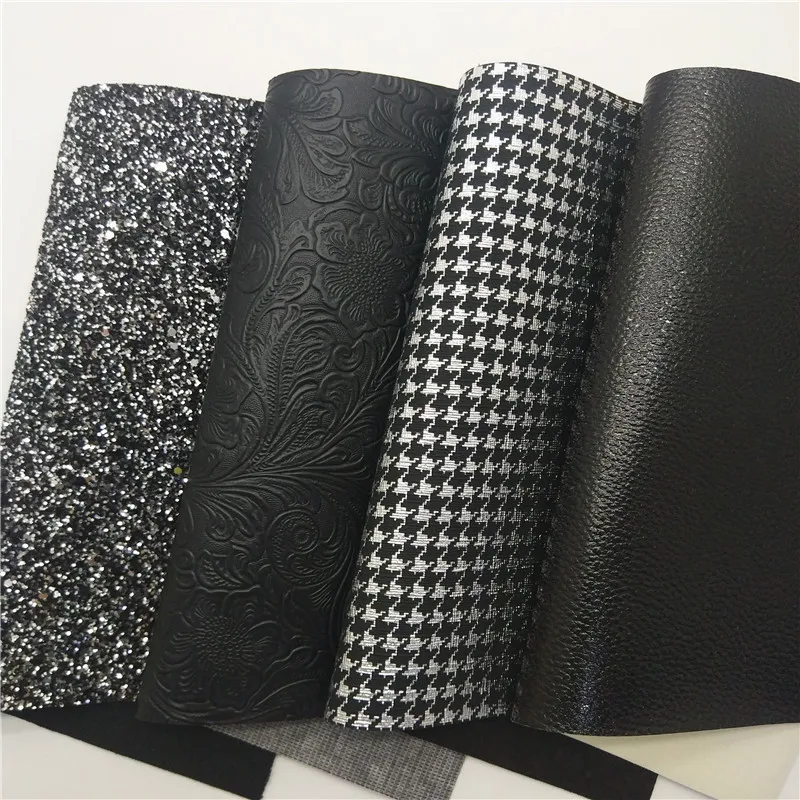 Description Picture 3 of itemBlack Silver Glitter leather Birds Printed Synthetic Leather Flowers Litchi Embossed Vinyl Faux Leather For Bow DIY 21x29CM Q431