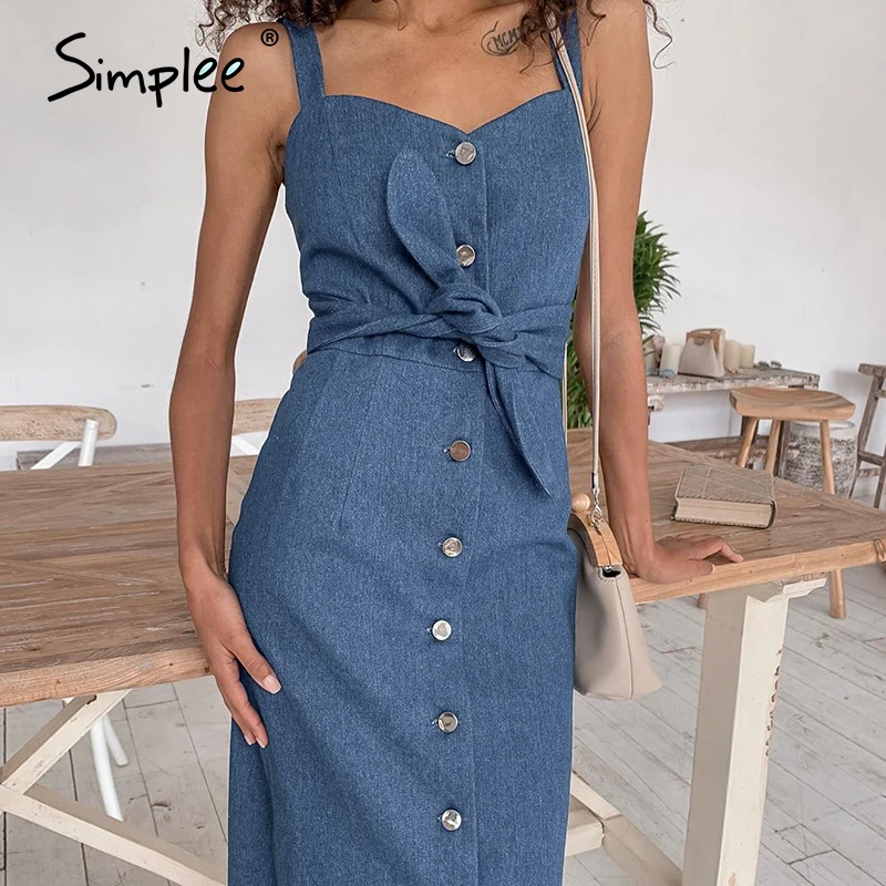 Simplee Sexy long women denim dress with belt Vintage female buttons denim dress Spring autumn slim ladies office dress 2020