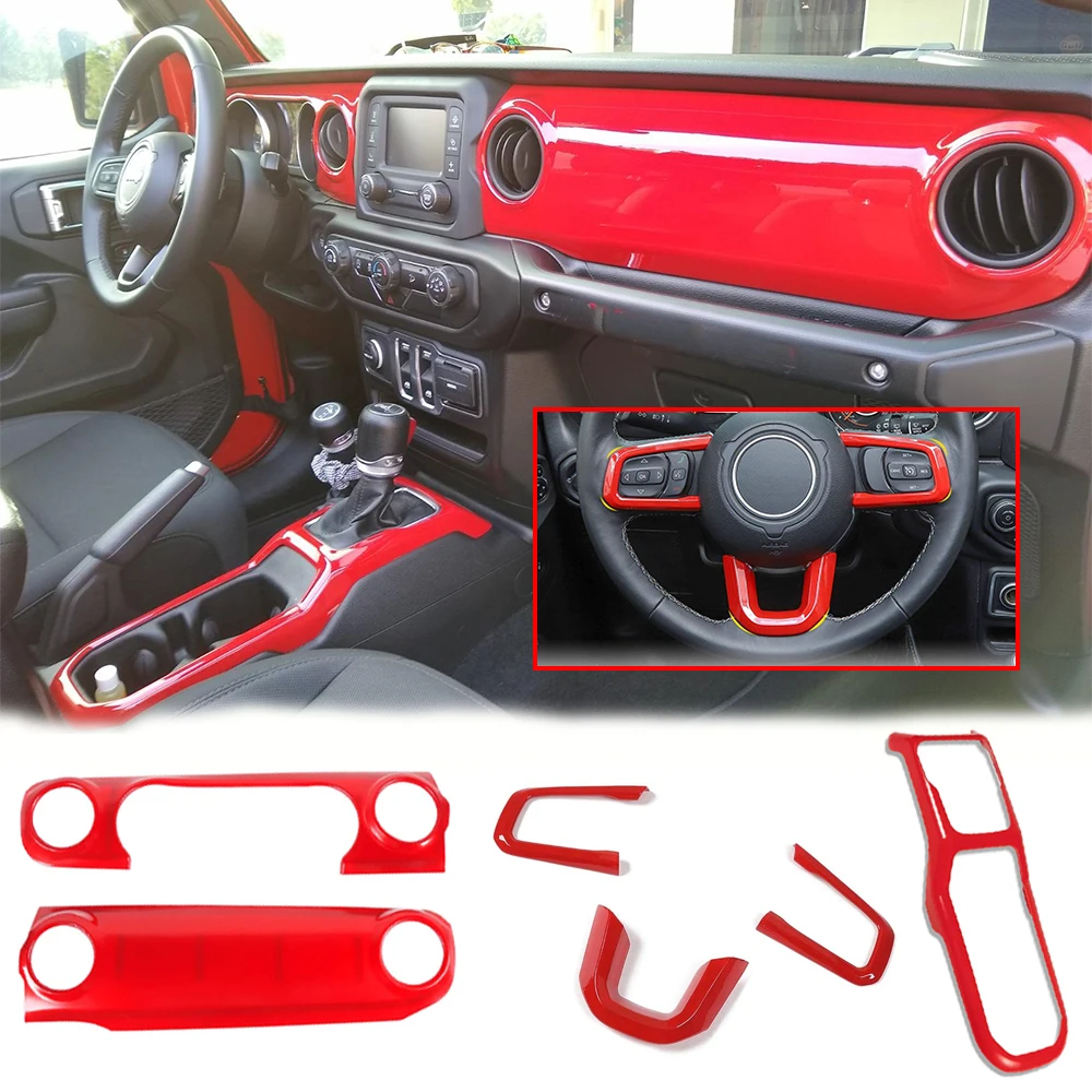 

For Jeep Wrangler JL JLU 2018 - 2022 Steering Wheel & Center Console Trim Dashboard Control Panel Interior Decoration Trim Kit