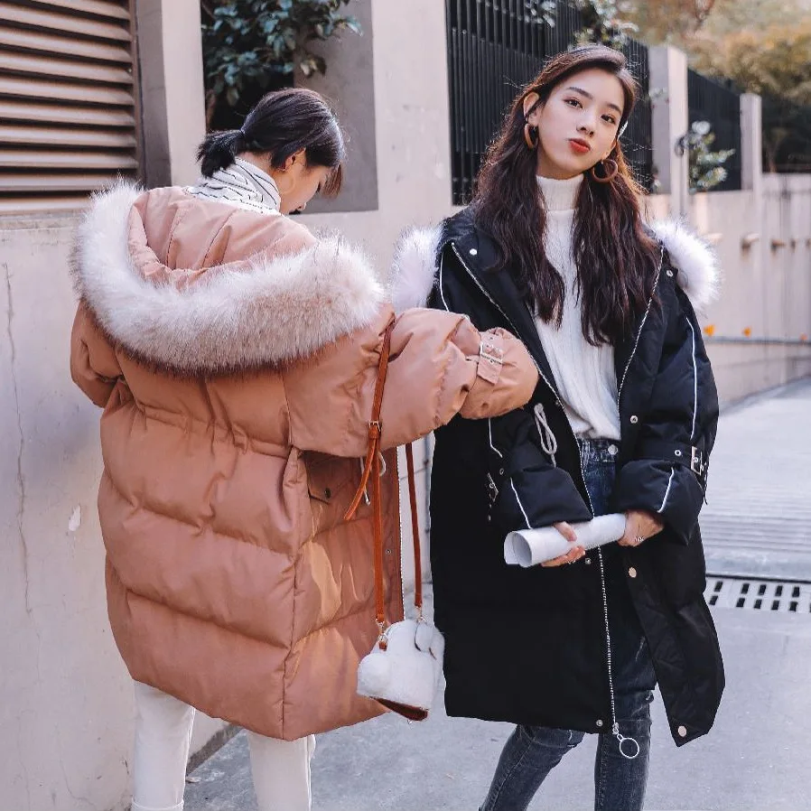 

Photo Shoot INS Sweet Apricot Pink Best Friend down Coat Hooded Large Fur Collar Drawstring Waist Hugging Lace-up Selvage Cotton