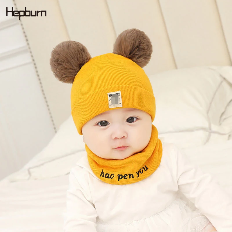 

Hepburn Brand double Fluffy Pompom Hat knitting Warm Two-piece hat scarf For Kid Children Baby Newborn Beanie Cap Winter Hat