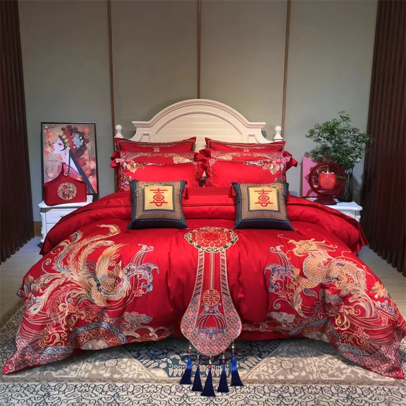 

Red Chinese Wedding 100S Egyptian Cotton Bedding Set Loong Phoenix Embroidery Tassel Duvet Cover Bed Linen Bedspread Pillowcases