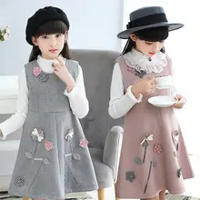 INS/популярное платье для девочек шерстяное платье для девочек от 5 до 13 лет осенне-зимнее платье до колена с круглым вырезом и аппликацией в виде цветов