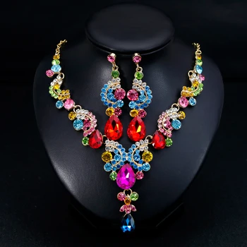 

2018 Fashion Crystal Indian Necklace Earring Bracelet Ring Jewelry Sets for Women Brides Bridal Wedding Party Costume Jewellery
