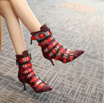

American European Genuine leather retro high heel ankle boots pointed toe Buckle boots wedding party knee boots big size 42 43