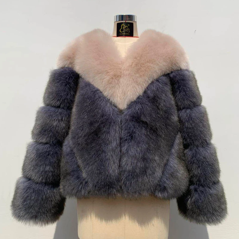 フェイクフォックスファーコート,豪華な対照的な色のファーコート,冬の 
