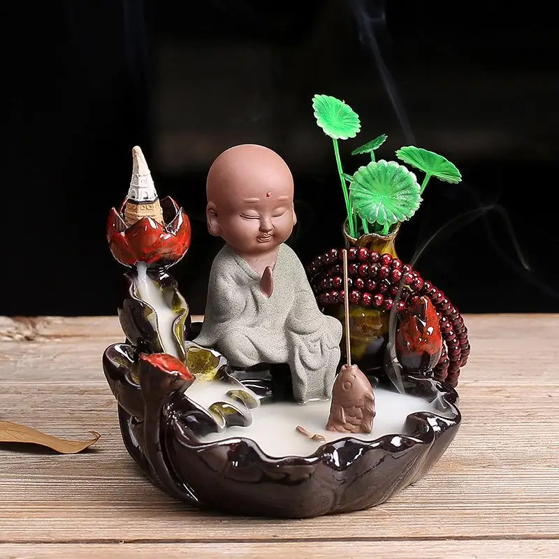 Porcelain Backflow Waterfall Smoke Incense Burner Little Monk Incense Cone Sticks Holder Censer+10 Cones Home Tea House Decor