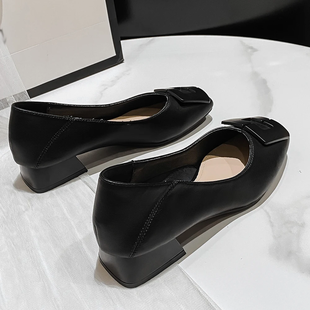 FamtiYaa Genuine Leather Woman Shoes Medium Heel Ladies Women's Shoes Heels Comfort Women Pumps Online Sale Black