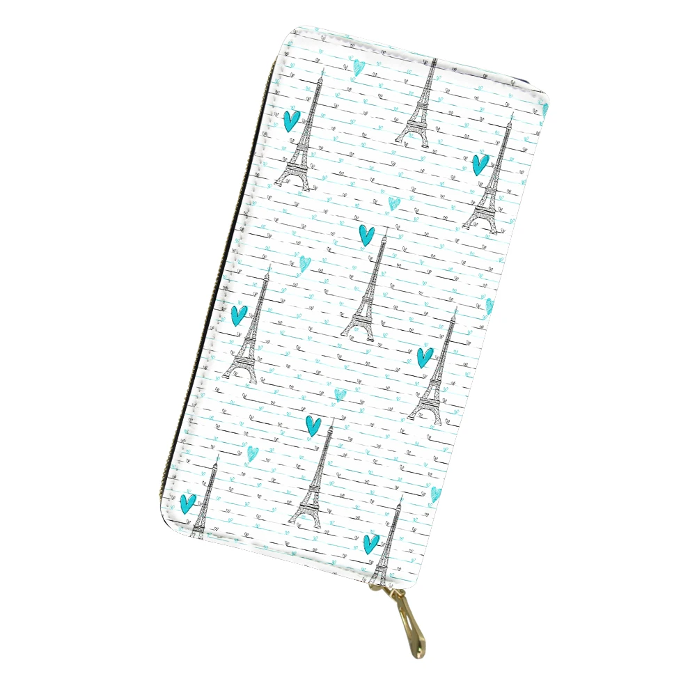 THKIN PU Leather Wallets with Paris Eiffel Tower and Love Pattern Ladies Zipper Purse Personalized Girls Print Money Coin Bag