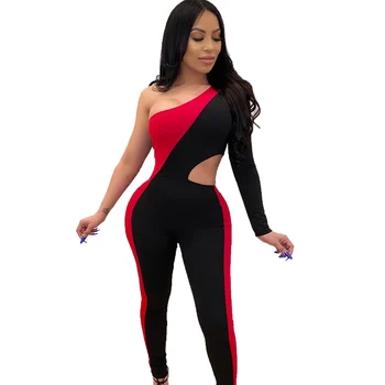 

One Shoulder Black Sexy Jumpsuit Autumn Long Sleeve Hollow Out Bodycon Romper Womens Jumpsuit Patchwork Skinny Club Bodysuits