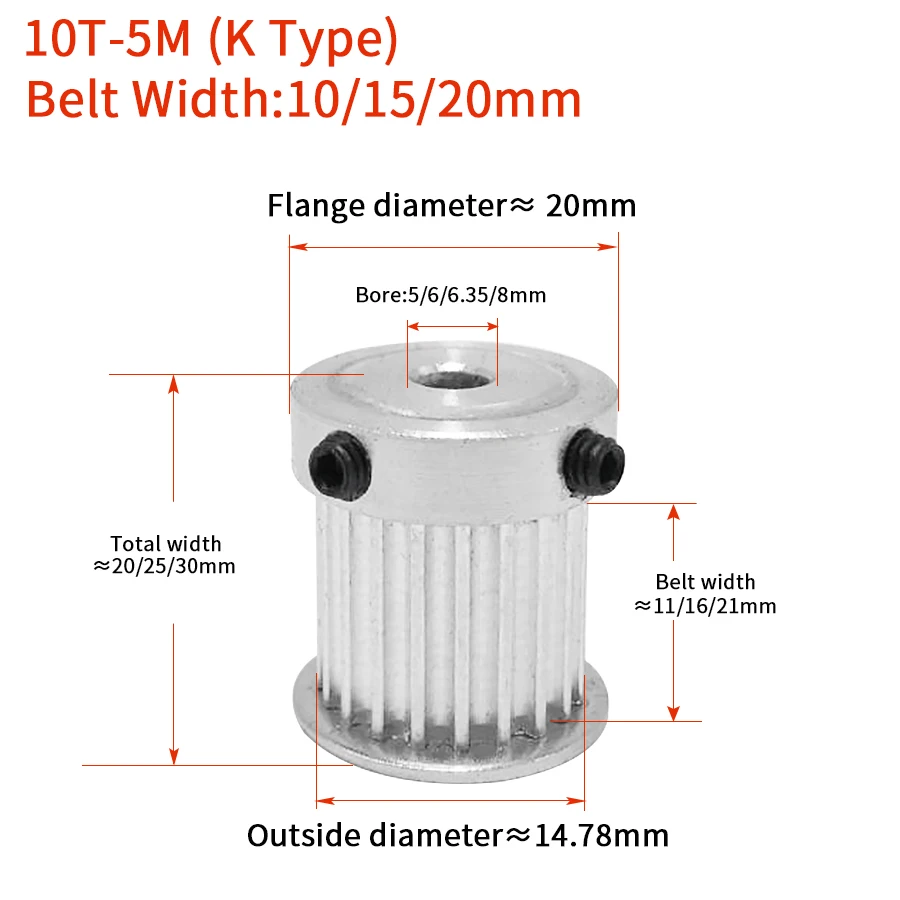 10 치아 HTD 5M 동기 풀리 보어 5/6/6.35/8mm 폭 10/15/20mm HTD5M 타이밍 벨트 휠 풀리 10 K 유형