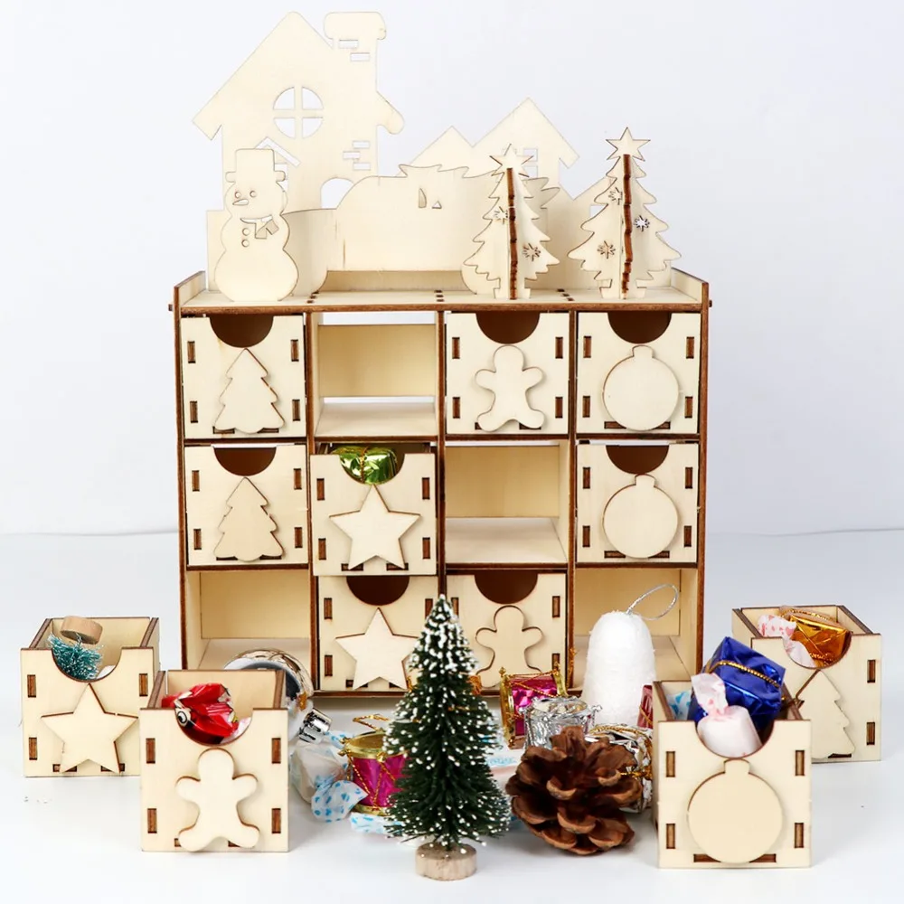 OurWarm DIY деревянный Адвент календарь коробка с ящиками 32*34*6 см дом в форме Рождество обратного отсчета календарь подарки игрушки для детей