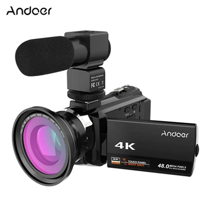 Andoer WiFi цифровая видеокамера 4K 1080P 48MP камера видеокамера рекордер с 0.39X макрообъектив микрофон сенсорный экран Ночной прицел - Цвет: Black Lens Mic