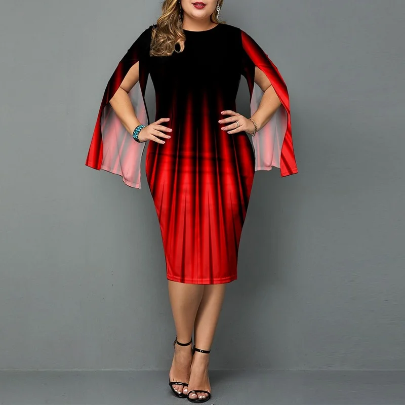 Plus Size Dresses 2023 Autumn Elegant Ombre Evening Party Dress Women Fashion Slit Long Sleeve Casual Dress Clothing 3XL 4XL 5XL