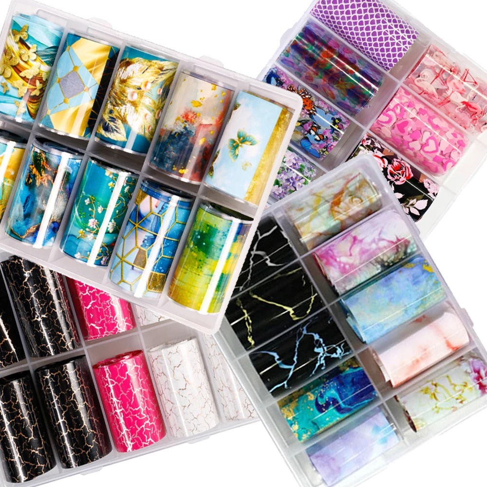 

10pack Styles Mix Designs Nail Transfer Foil Laser Nail Foils Wraps Glitter Paper Manicure Decor Lace Nail Art Foils Set +Box #2