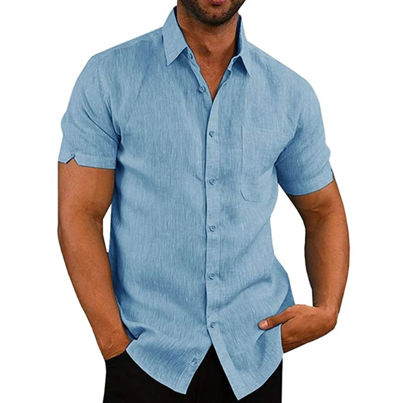 Мужские рубашки, однотонные повседневные топы с короткими рукавами и пуговицами, мужские уличные свободные летние облегающие воздухопроницаемые рубашки - Цвет: Blue