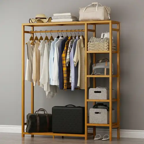Bamboo Wood Clothing Garment Rack with Shelves Clothes Hanging Rack Stand for Child Kids Adults Cloth Shoe Coat Storage Organize - Image 3