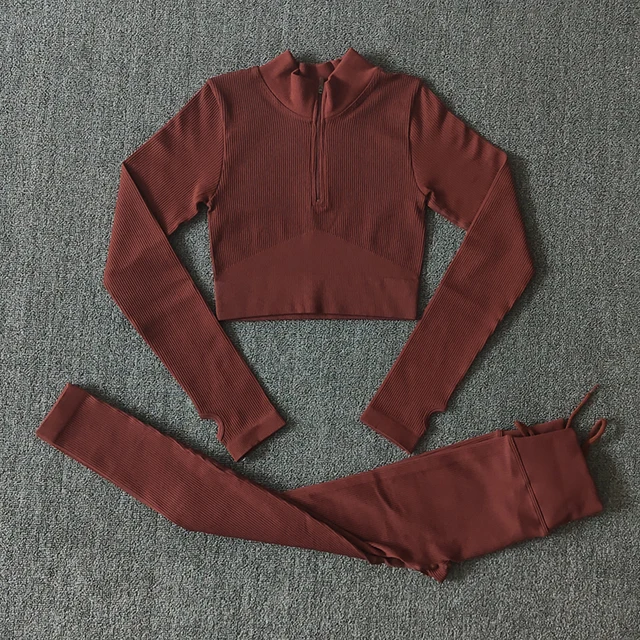 Seamless Women Yoga Set Workout Sportswear Gym Clothing Zipper Long Sleeve High Waist Leggings Fitness Bra Athletic Sports Suits LongShirtsPantsBrown