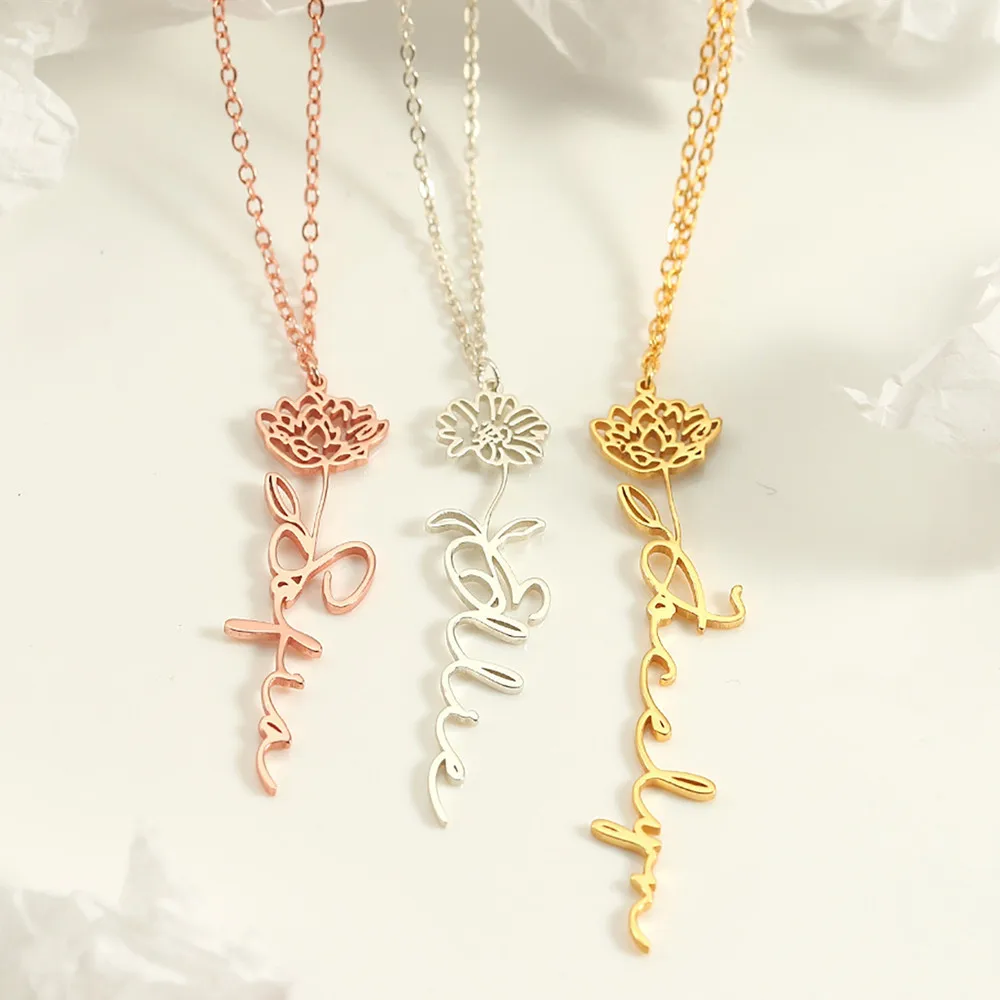

Custom Name Flower Necklace For Women 2022 New Personalized Birth Month Birth Flower Pendant Choker Necklace Jewelry Party Gifts