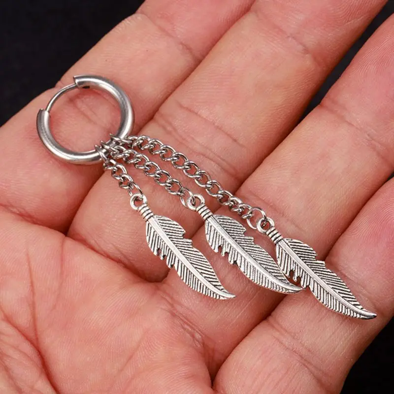 New Retro Fringed Chain Earrings Men Women Earrings Ear Buckle Leaf Pendant Earring Jewelry